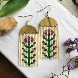 Gold & purple folk flowers (clay and beaded fringe)