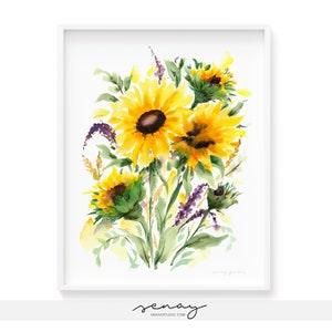 Sunflower Art Print Watercolor Print Museum Quality Watercolor on Paper Custom Size Avail, frameNotincluded