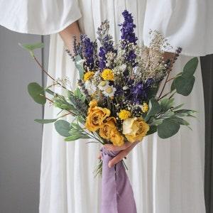 Boho bouquet, boho purple yellow wedding bouquet, dried flower wedding bouquet, real dried rose bouquet, daisy bouquet, eucalyptus bouquet