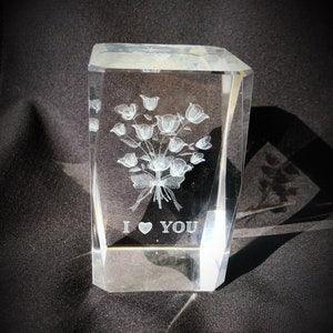 Kys laser etched 3D glass paperweight bouquet of roses with I Love you message with original box