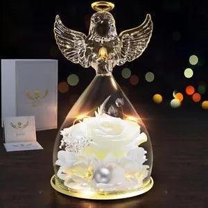 LED glass angel figurine with wings, glowing preserved rose under clear dome