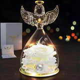 Impouo Angel Gifts Preserved Rose Flower in Glass Angel Figurines with LED WHT