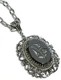 Whiting & Davis Carved Lily of Valley Hematite Mirror Pendant & Chain Necklace