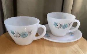 Vintage Fire King Oven Ware Bonnie Blue Carnation Flower Coffee Tea Cups Saucer