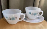 Vintage Fire King Oven Ware Bonnie Blue Carnation Flower Coffee Tea Cups Saucer