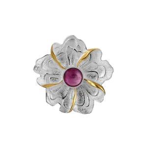 Real 925 Silver Natural Tourmaline Gorgeous Peony Flower Women Brooches Badge