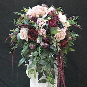 Unstructured Cascade Bouquet Burgundy, Soft Champagne Mauve and Dark Ruscus Mixed Greenery