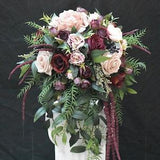 Unstructured Cascade Bouquet Burgundy, Soft Champagne Mauve and Dark Ruscus Mixed Greenery
