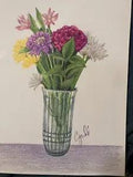 COLORED PENCIL drawing  carnation and CHYSANTHYMUM flowers in  vase