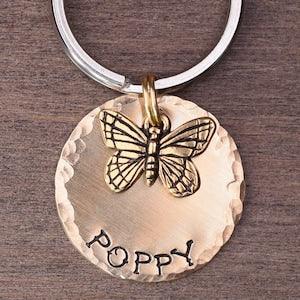 Butterfly Dog Tag, Personalized Dog Tags for Dogs, Butterfly Cat Tag, Garden Pet Name Tag, Pretty Bridle Tag, Hand Stamped Dog Name Tags