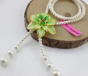 Betsey Johnson Lucky Green Easter Lily Tassels Long Pearl Necklace Free Gift Bag