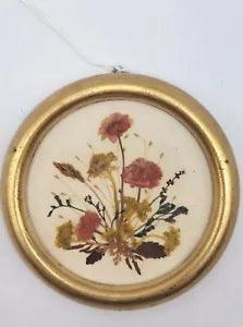 Vintage Reichlin Dried Flower Picture Made in Switzerland Handmade Round 4"