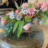 Coral Floral Arrangement in Gold Ornate Pot, Asymmetrical, Flower.   , Centerpiece, Everyday Dining Table Decor, Neutral All Season Bouquet