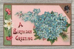 Birthday Postcard-Carnations-Lilly-Bouquet of Blue Flowers-Roy-765