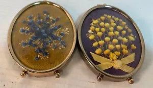 New Listing2 Vintage  Oval  Metal Frame W Mini Dried Flower Bouquet Glass Shabby Cottage