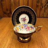 Royal Stafford Bone China Heavy Gold Trim, Wide Mouth Teacup and Saucer with Colorful Pansy's on the Inside