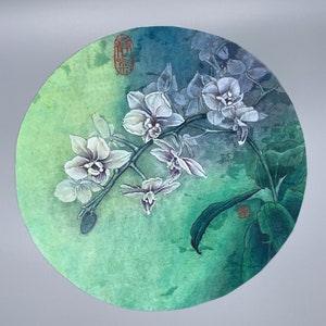 Aquarell White orchid, rice paper, Chinese vintage style, mural, mineral watercolor Chinese paints, original handmade, circle shape.
