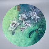 Aquarell White orchid, rice paper, Chinese vintage style, mural, mineral watercolor Chinese paints, original handmade, circle shape.