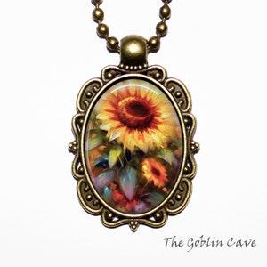 Sunflower Necklace, Floral Jewelry, Bronze Pendant