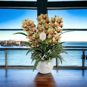 24"/60cm Real Touch Cymbidium Orchid arrangement in whiter vase. Detailed Silk Orchid Flower Heads, Fake plant luxury floral display
