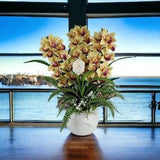 24"/60cm Real Touch Cymbidium Orchid arrangement in whiter vase. Detailed Silk Orchid Flower Heads, Fake plant luxury floral display