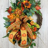 Fall crescent wreath for front door with peonies, mums, sunflower, fall leaves, pumpkins, outdoor grapevine wreath, bright vibrant with bow