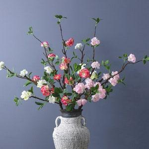 Artificial Peach Blossom Branch with Leaves, Fake Cherry Blossom Long Stem, Rustic Spring Wax Flower, Chinese Home Floral Decor, for Wedding
