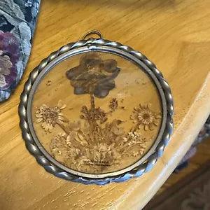 round Pewter Framed Dried Flowers Cased In Glass Wall Hanging Cottagecore