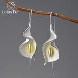 18K Gold Long Calla Lily Flower Dangle Earrings Women Real S925 Silver Jewelry
