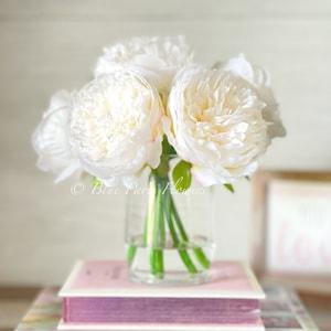 White Rose Peony Arrangement, Artificial Faux Centerpiece, Faux Florals, Silk Flowers in Glass Vase by Blue Paris