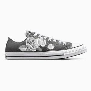 Black and White Rose Bouquet - Custom Charcoal Low Top Converse Chuck Taylor shoes for Women and Men