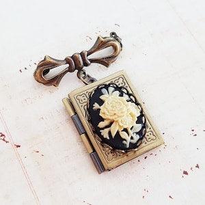 Vintage Rose Cameo Book Locket Pin Brooch in Bronze, Keepsake, Pin for Bouquet, Black and Cream, Vintage Wedding