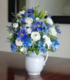 Vintage Ironstone White With Blue Floral Design Pitcher With Silk Arrangement
