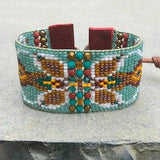Beaded woven loom leather bracelet, seed bead tribal, aztec, boho, southwestern friendship cuff