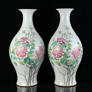 15.9" pair qing dynasty yongzheng mark Porcelain famille rose peony flower vase