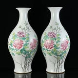 15.9" pair qing dynasty yongzheng mark Porcelain famille rose peony flower vase