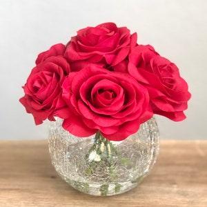 Real Touch Rose Flower Arrangement. Red Roses in Crackle Faux Water Round Glass Bubble Vase. Red Rose Wedding Centerpiece Bouquet