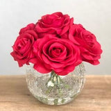Real Touch Rose Flower Arrangement. Red Roses in Crackle Faux Water Round Glass Bubble Vase. Red Rose Wedding Centerpiece Bouquet