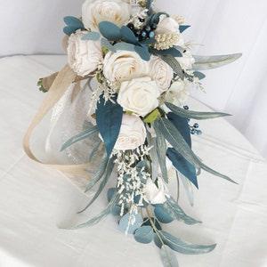 Blue  White Artificial Faux Roses Bridal Wedding Cascade  Bouquet, Bridesmaid Bouquet Corsage ,Groom Best man Boutonniere
