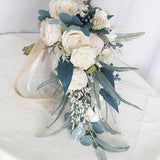Blue  White Artificial Faux Roses Bridal Wedding Cascade  Bouquet, Bridesmaid Bouquet Corsage ,Groom Best man Boutonniere