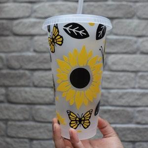 Sunflower Tumbler, Pretty Coffee Cup, Gift Ideas, Reusable Cold Cup with straw, Venti Cold Cup, Elegant Look, Gift for Her