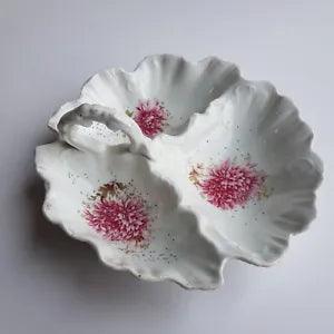 Antique Victorian c1900 ceramic three serving dish shell pink carnation flower