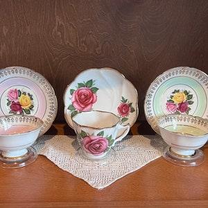 Vintage Bone China Teacup and Saucer Sets By Imperial China | Choose From: Red Rose, Pink Trim Rose Bouquet, Or Mint Green Rose Bouquet