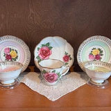 Vintage Bone China Teacup and Saucer Sets By Imperial China | Choose From: Red Rose, Pink Trim Rose Bouquet, Or Mint Green Rose Bouquet