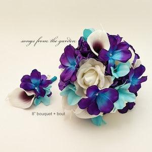 Galaxy & Aqua Orchid Bridal or Bridesmaid or Prom Bouquet - add a Groom or Groomsmen Boutonniere Corsages Cake Flowers Arch Flowers More!