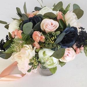 Navy Rose and White Peony Bridal Bouquet, Blush Pink Rose Bouquet, Eucalyptus Wedding Bouquet, Spring Wedding, Fake Flowers, Artificial