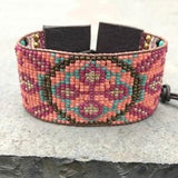 Beaded woven loom flower leather bracelet, seed bead tribal, aztec, boho, southwestern friendship cuff
