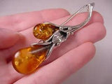 (pin64-13) Orange AMBER Calla Lily .925 Sterling SILVER brooch Poland Jewelry