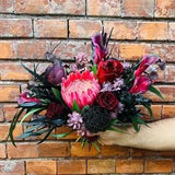 Halloween bouquet, Protea bouquet, Black dried flower bouquet, Burgundy roses bouquet, Calla lily bouquet, Halloween wedding flowers