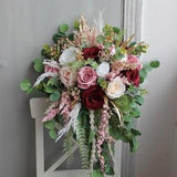 Rose gold burgundy white wedding bouquet, Cascading bouquet, Boho bridal bouquet